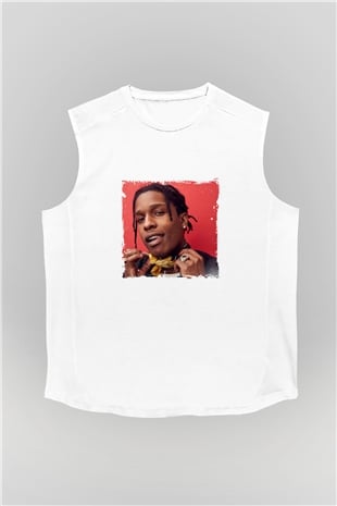 ASAP Rocky Baskılı Unisex Beyaz Kolsuz Tişört