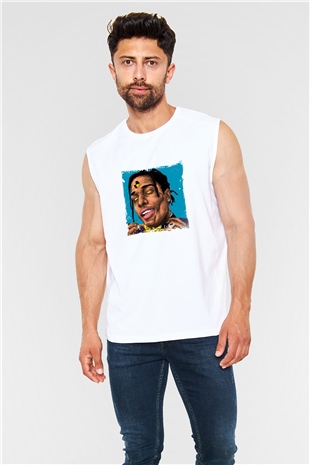 ASAP Rocky Baskılı Unisex Beyaz Kolsuz Tişört