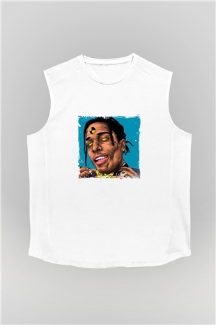 ASAP Rocky Baskılı Unisex Beyaz Kolsuz Tişört