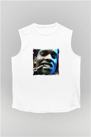 ASAP Rocky Baskılı Unisex Beyaz Kolsuz Tişört