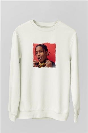 ASAP Rocky Baskılı Unisex Beyaz Sweatshirt