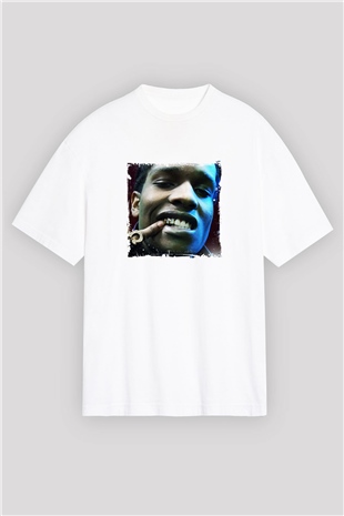 ASAP Rocky Baskılı Oversize Beyaz Tişört
