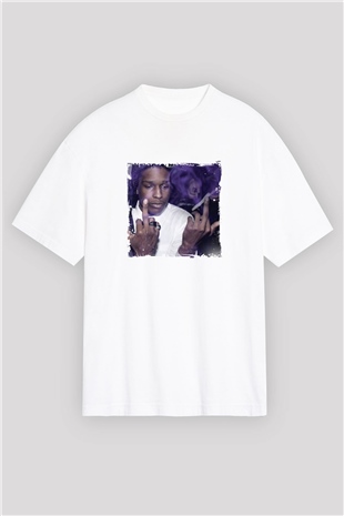 ASAP Rocky Baskılı Oversize Beyaz Tişört