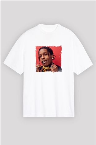 ASAP Rocky Baskılı Oversize Beyaz Tişört