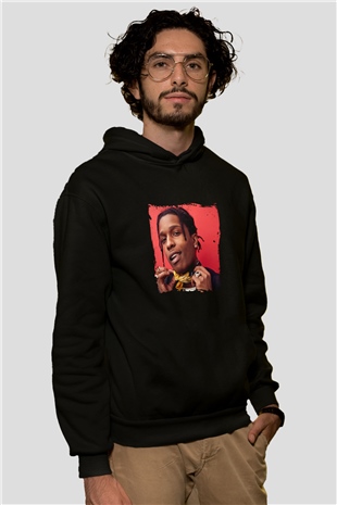 ASAP Rocky Baskılı Unisex Siyah Hoodie