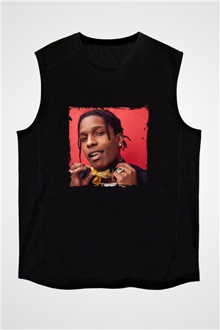 ASAP Rocky Baskılı Unisex Siyah Kolsuz Tişört