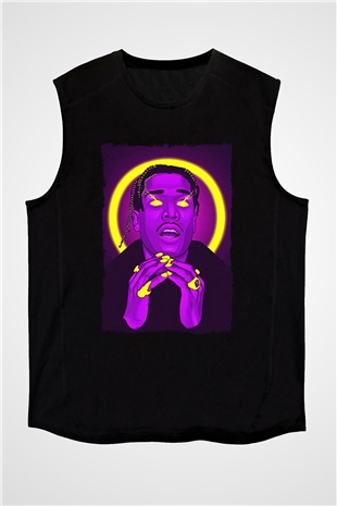 Asap Rocky Baskılı Unisex Siyah Kolsuz Tişört - Tshirt