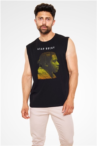 Asap Rocky Baskılı Unisex Siyah Kolsuz Tişört - Tshirt