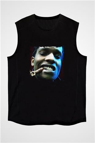 ASAP Rocky Baskılı Unisex Siyah Kolsuz Tişört