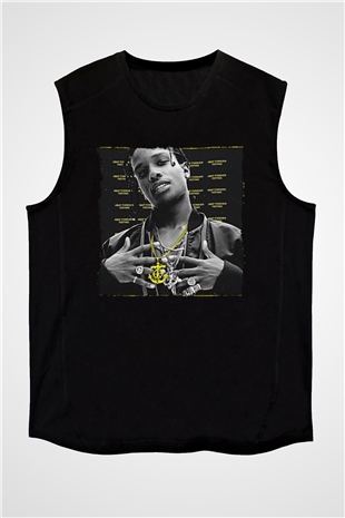 Asap Rocky Baskılı Unisex Siyah Kolsuz Tişört - Tshirt