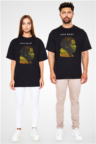 Asap Rocky Baskılı Unisex Siyah Oversize Tişört - Tshirt