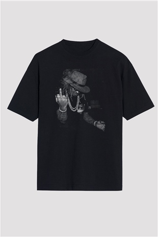 Asap Rocky Baskılı Unisex Siyah Oversize Tişört - Tshirt