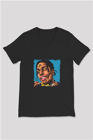 ASAP Rocky Baskılı Unisex Siyah V Yaka Tişört