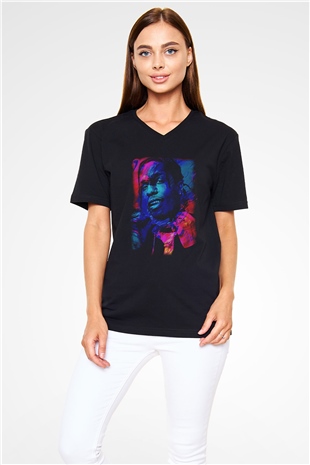 Asap Rocky Baskılı Unisex Siyah V Yaka Tişört - Tshirt