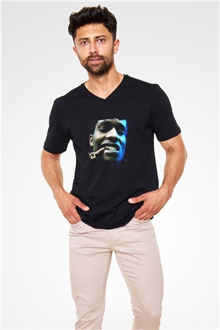 ASAP Rocky Baskılı Unisex Siyah V Yaka Tişört