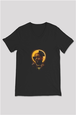 ASAP Rocky Baskılı Unisex Siyah V Yaka Tişört