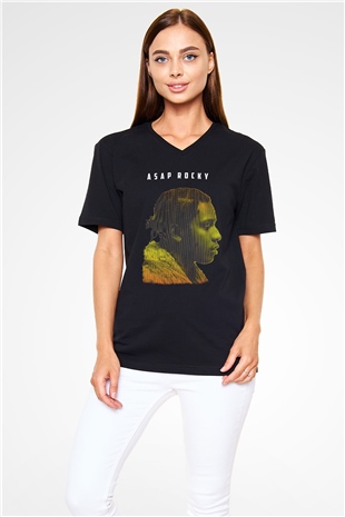 Asap Rocky Baskılı Unisex Siyah V Yaka Tişört - Tshirt