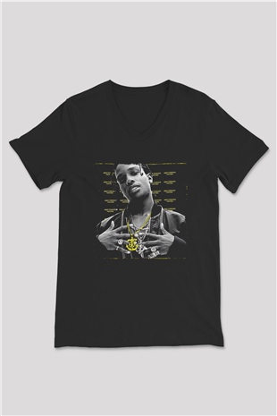 Asap Rocky Baskılı Unisex Siyah V Yaka Tişört - Tshirt