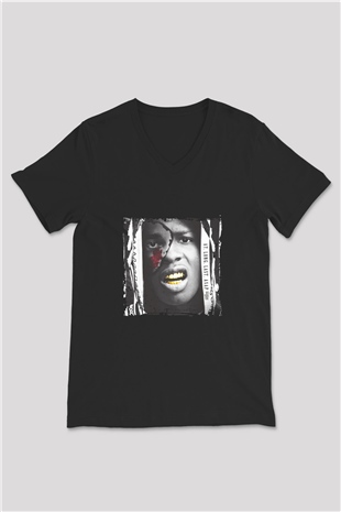 ASAP Rocky Baskılı Unisex Siyah V Yaka Tişört