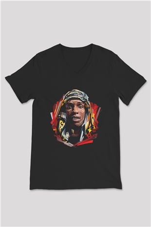 Asap Rocky Baskılı Unisex Siyah V Yaka Tişört - Tshirt