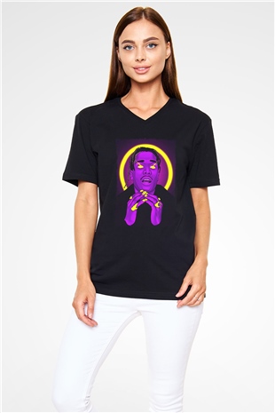 Asap Rocky Baskılı Unisex Siyah V Yaka Tişört - Tshirt