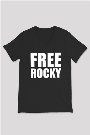 Asap Rocky Baskılı Unisex Siyah V Yaka Tişört - Tshirt