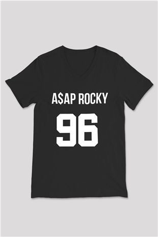 Asap Rocky Baskılı Unisex Siyah V Yaka Tişört - Tshirt