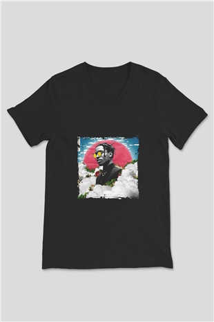 ASAP Rocky Baskılı Unisex Siyah V Yaka Tişört