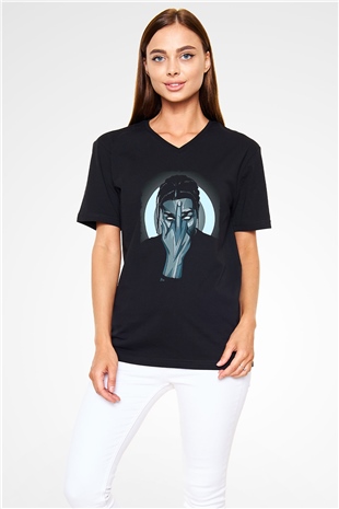 Asap Rocky Baskılı Unisex Siyah V Yaka Tişört - Tshirt