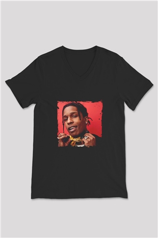 ASAP Rocky Baskılı Unisex Siyah V Yaka Tişört