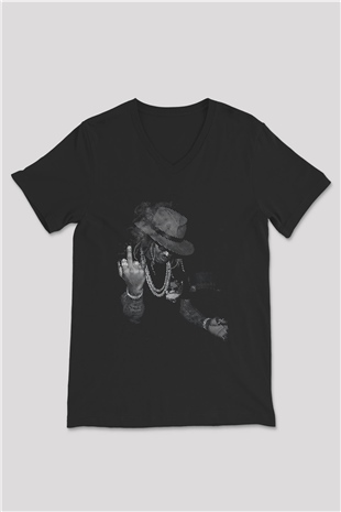 Asap Rocky Baskılı Unisex Siyah V Yaka Tişört - Tshirt