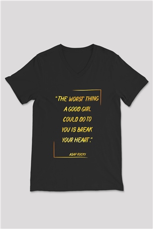 Asap Rocky Baskılı Unisex Siyah V Yaka Tişört - Tshirt
