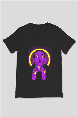 Asap Rocky Baskılı Unisex Siyah V Yaka Tişört - Tshirt