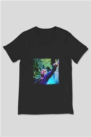 ASAP Rocky Baskılı Unisex Siyah V Yaka Tişört