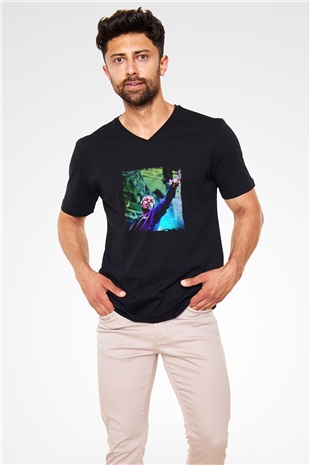 ASAP Rocky Baskılı Unisex Siyah V Yaka Tişört