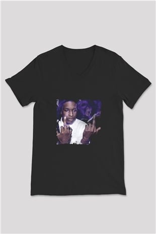 ASAP Rocky Baskılı Unisex Siyah V Yaka Tişört