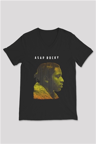 Asap Rocky Baskılı Unisex Siyah V Yaka Tişört - Tshirt