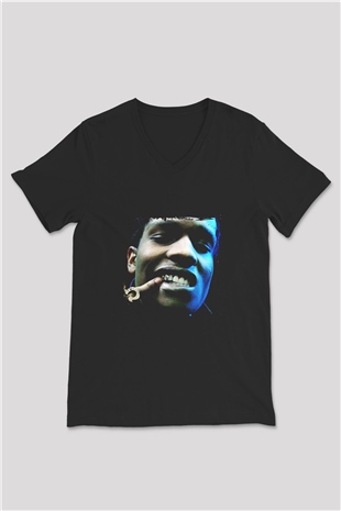 ASAP Rocky Baskılı Unisex Siyah V Yaka Tişört