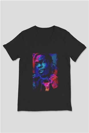 Asap Rocky Baskılı Unisex Siyah V Yaka Tişört - Tshirt