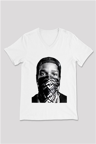 ASAP Rocky Beyaz Unisex V Yaka Tişört T-Shirt