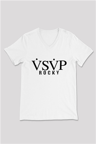 ASAP Rocky Beyaz Unisex V Yaka Tişört T-Shirt