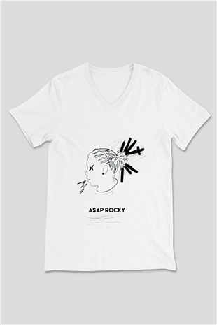 ASAP Rocky Beyaz Unisex V Yaka Tişört T-Shirt