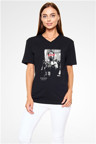 ASAP Rocky Siyah Unisex V Yaka Tişört T-Shirt