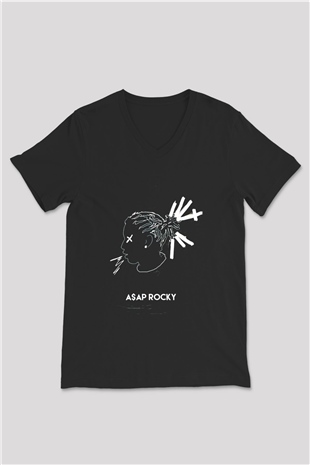 ASAP Rocky Siyah Unisex V Yaka Tişört T-Shirt
