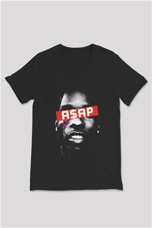 ASAP Rocky Siyah Unisex V Yaka Tişört T-Shirt
