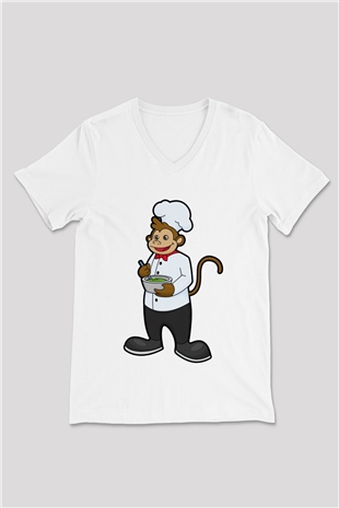 Aşçı Beyaz Unisex V Yaka Tişört
