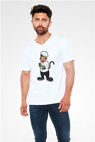 Aşçı Beyaz Unisex V Yaka Tişört