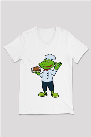 Aşçı Beyaz Unisex V Yaka Tişört