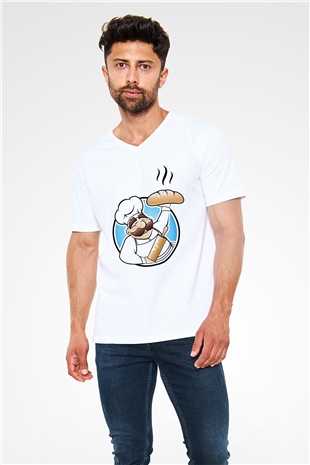 Aşçı Beyaz Unisex V Yaka Tişört T-Shirt