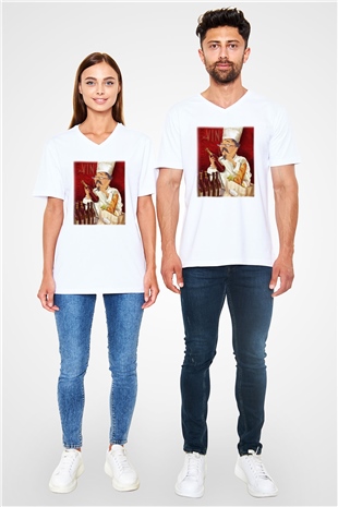 Aşçı Beyaz Unisex V Yaka Tişört T-Shirt